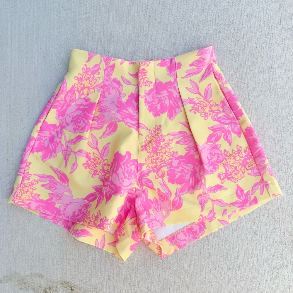 White Fox Boutique Yellow & Pink Floral High-Waist Shorts